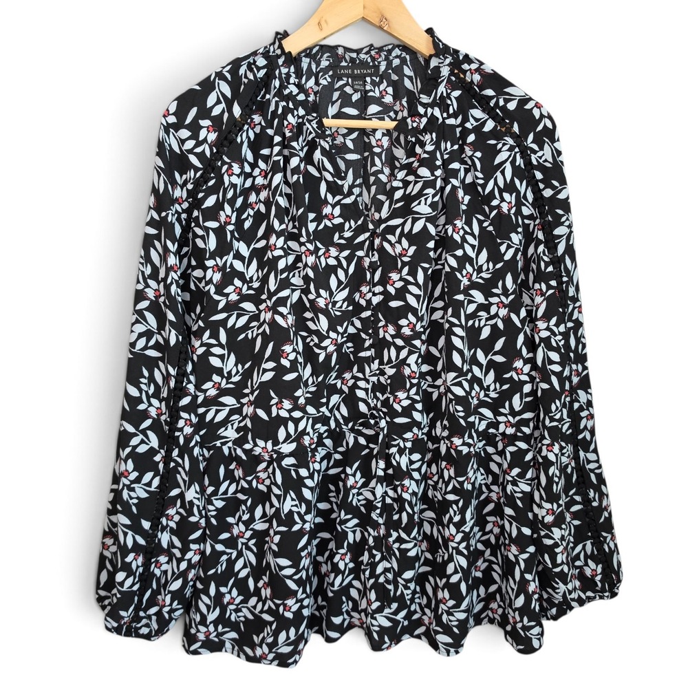 Lane Bryant Top Womens 14/16 Black Floral Ruffle Neck Long‎ Sleeve Peplum Blouse